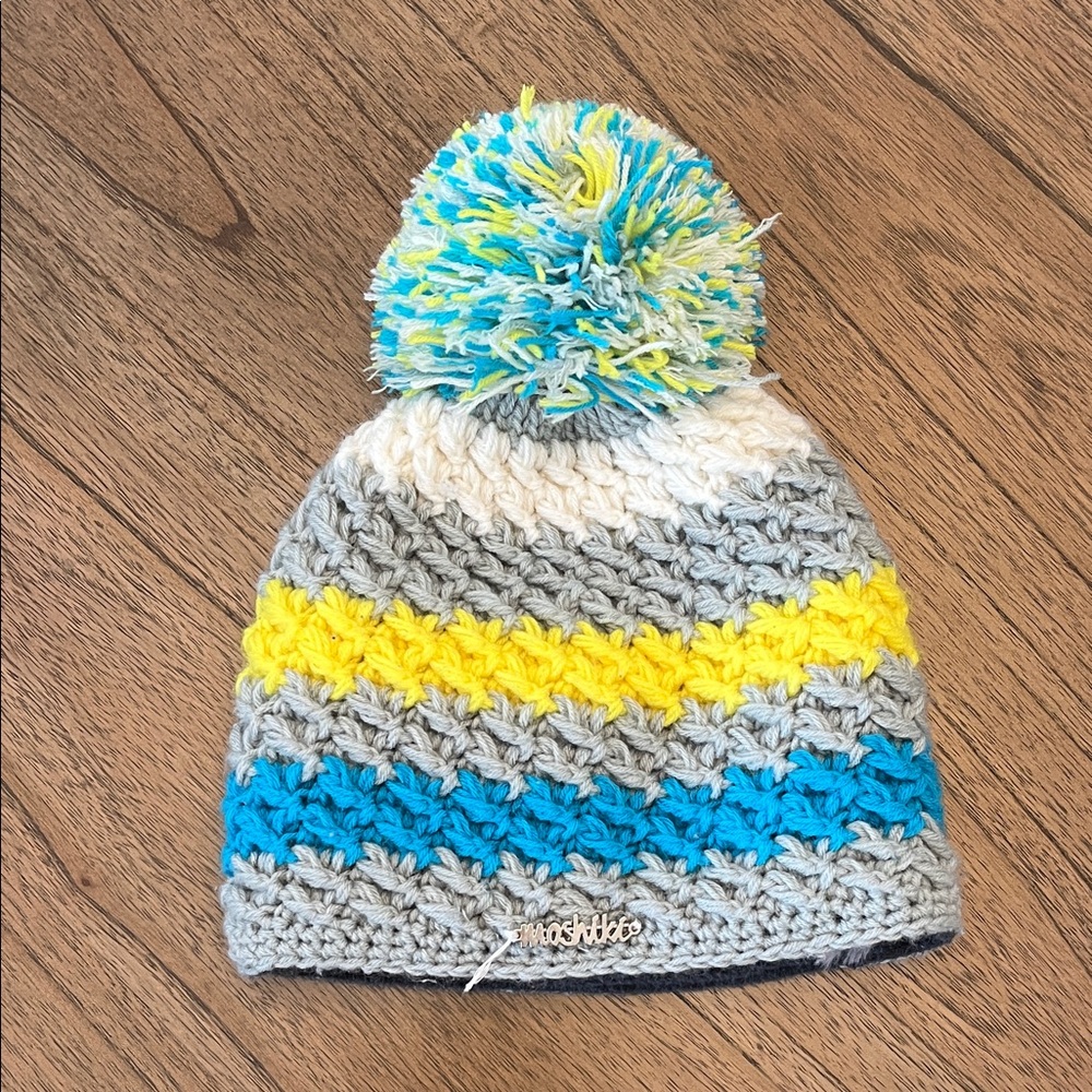 Moshiki Striped Kids Beanie Gray Blue White and Yellow Stripes with Pom-Pom